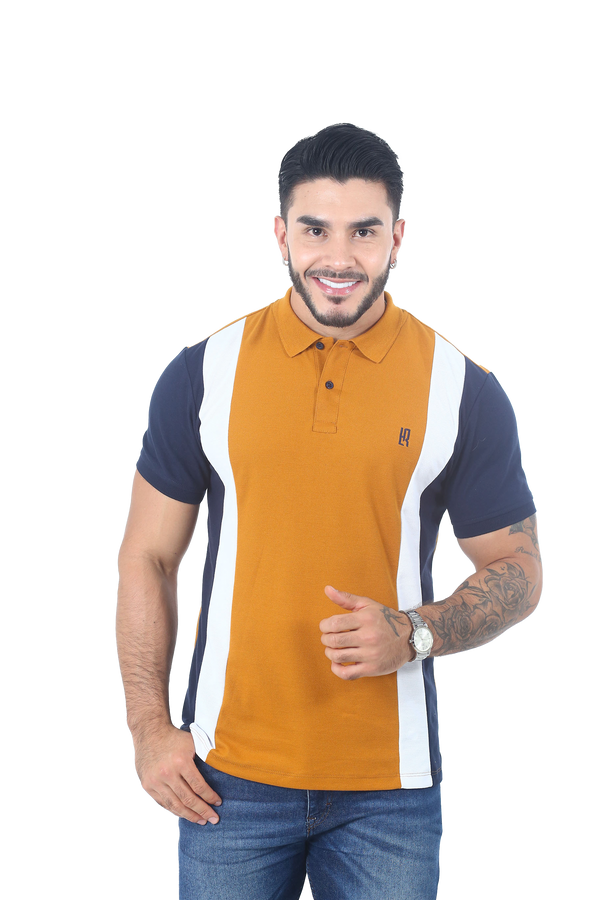 Camiseta Polo Combinada OCRE-BLANCO- AZUL OSCURO 058C