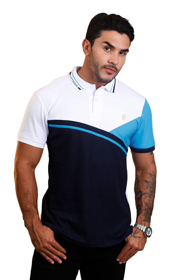 Camiseta Polo Combinada  BLANCO TURQUESA AZUL OSCURO 075C