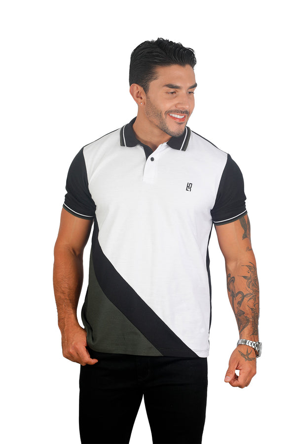 Camiseta Polo Combinada  BLANCO NEGRO MILITAR 076A