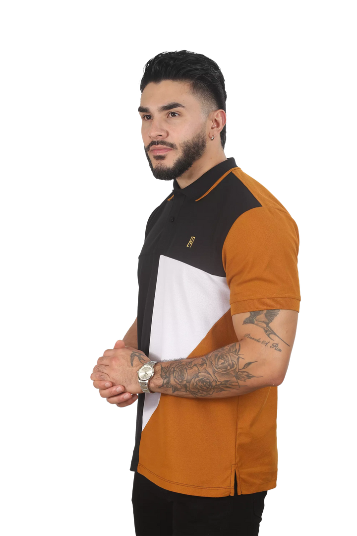 Camiseta Polo Combinada Negro-Ocre-AzulOsc 045E