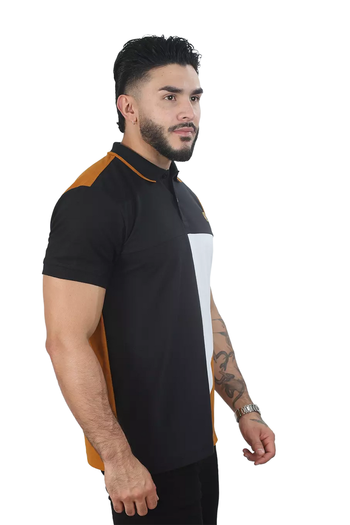 Camiseta Polo Combinada Negro-Ocre-AzulOsc 045E