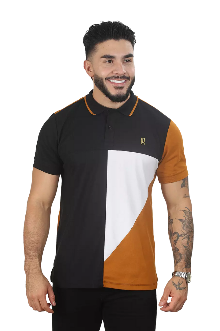 Camiseta Polo Combinada Negro-Ocre-AzulOsc 045E