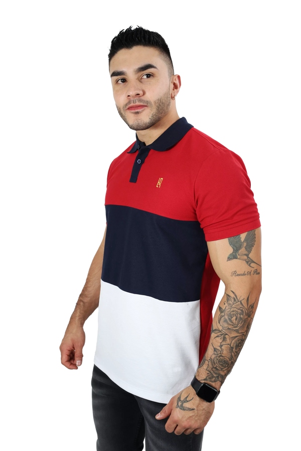 Camiseta Polo Combinada Rojo-Azul Oscuro-Blanco 040D